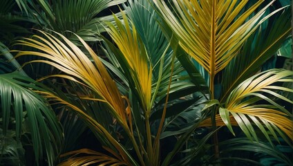 The image captures a close-up of bright and luscious tropical palm leaves showcasing nature's beauty and textures - obrazy, fototapety, plakaty