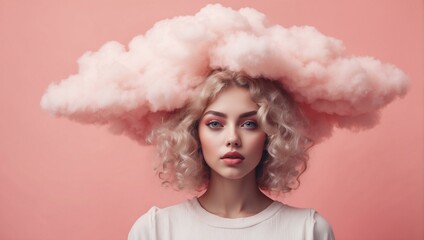 A surreal portrait featuring a woman with a cloud headpiece symbolizing imagination and creativity