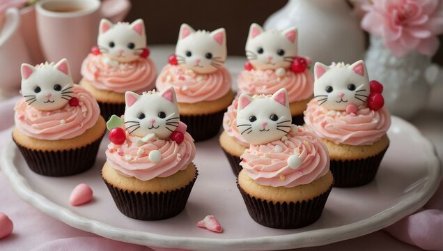 Dessert image featuring a set of delicious cupcakes topped with cute cat decorations on a pink-themed party table