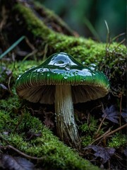 Fototapeta premium A close-up of a shiny mushroom cap covered in dew, set against a dark, mossy forest backdrop