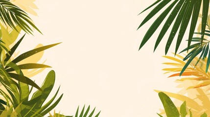 summer palm leaves on bright background, horizontal frame for social media, greeting card, blank space for text in the center, sales promotion banner with colorful flat design style