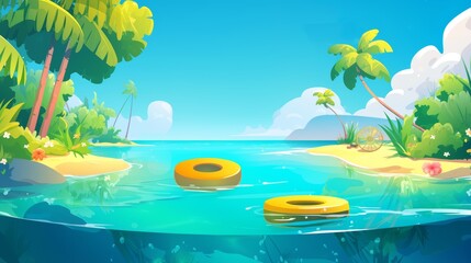 summer, swim ring on water, top view, blue background, horizontal frame for social media, greeting card, blank space for text in the center, sales promotion banner with colorful flat design style