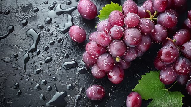  grapes arranged, a green leaf nearby, water droplets on the surface