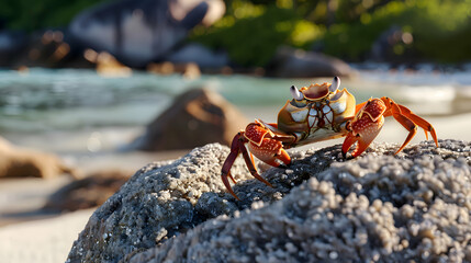 A crab peeking out from behind a rock, its eyes glinting in the sunlight with a tranquil beach scene in the distance