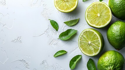   A collection of limes atop a table, adjacent to a leafy green plant