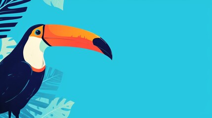 summer, toucan bird on blue background, horizontal frame for social media, greeting card, blank space for text in the center, sales promotion banner with colorful flat design style