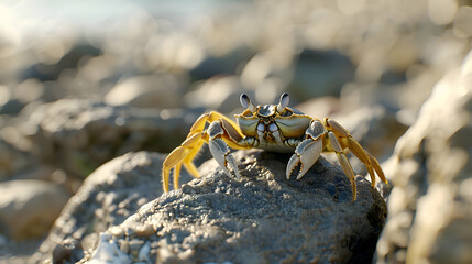A crab peeking out from behind a rock, its eyes glinting in the sunlight with a tranquil beach scene in the distance