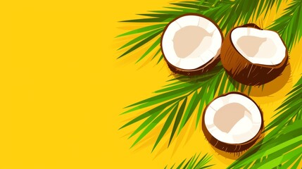 Obraz na płótnie Canvas summer coconuts and palm leaves on yellow background, horizontal frame for social media, greeting card, blank space for text in the center, sales promotion banner with colorful flat design style