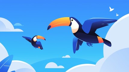 summer, toucan birds on blue background, horizontal frame for social media, greeting card, blank space for text in the center, sales promotion banner with colorful flat design style