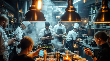 Bustling Commercial Kitchen Scene with Chefs at Work