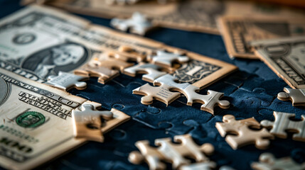 Financial Concept with Puzzle Pieces and Dollar Bills, Economic Strategy and Planning