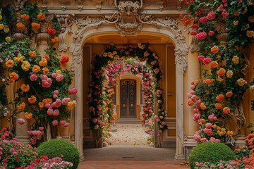 an ornate medieval rococo archway covered with flowers at the entrance of a palace