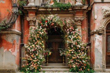 Fototapeta na wymiar an ornate medieval rococo archway covered with flowers at the entrance of a palace