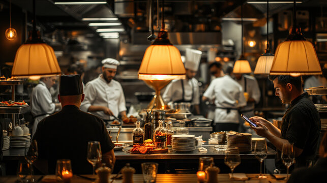 Bustling Professional Kitchen with Chefs Preparing Gourmet Meals