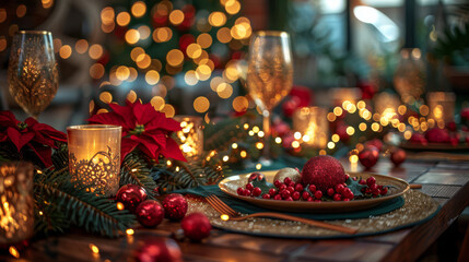 Fototapeta na wymiar Radiant Holiday: Festive Table with Sparkling Christmas Lights 