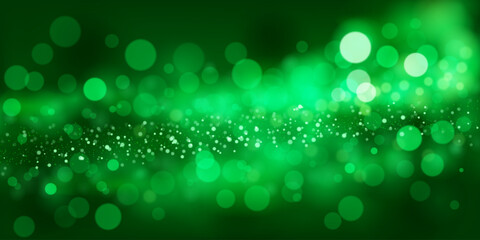 Abstract background in green tones with many shiny sparkles, some of which are in focus and others are blurred, creating a captivating bokeh effect.