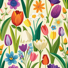 Spring flowers seamless pattern. Crocus, tulip, hyacinth,