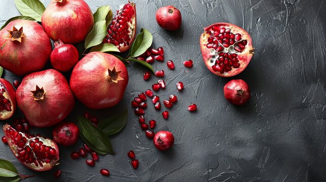   A table displays several pomegranates with accompanying leaves, while one pomegranate bears a single fruit atop