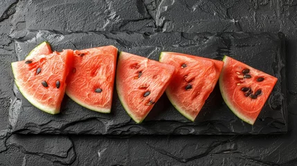 Foto op Plexiglas   Watermelon slices align on a slate platter atop a stone slab © Nadia