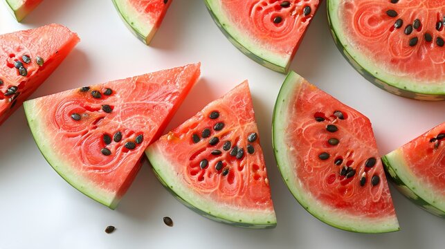   A collection of watermelon slices against a white backdrop, bearing seeds atop and below