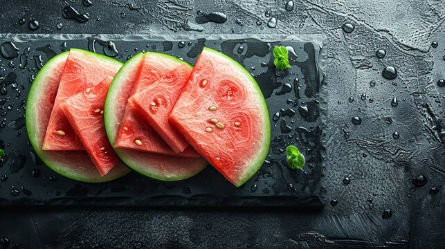   Two sliced watermelons on a cutting board, dripping with moisture
