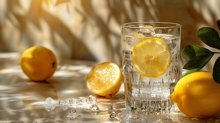   A glass of water with a sliced lemon and extra pieces nearby