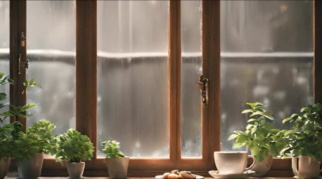 Rain tapping against the windows of a cozy café.
