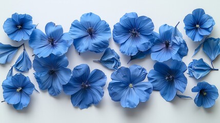   A cluster of identical blue flowers arranged on a pristine white background Blue bloom occupies the center