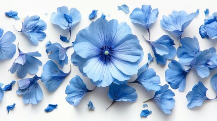   A cluster of blue flowers overlapping on a white surface One flower, situated in the center, exhibits its expanded petals