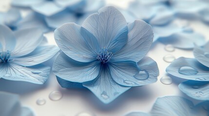   A collection of blue blossoms resting atop a bed of water droplets upon a blue paper backdrop, adorned with petal-clinging water beads