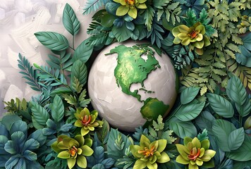 An abstract globe surrounded by vibrant green leaves and yellow flowers on a textured background
