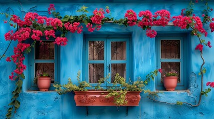   A blue building adorned with pink flowers blooming from its window boxes, and a red planter teeming with pink blossoms