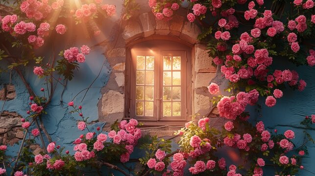   A window adorned with a bouquet of pink flowers alongside a building, as sunlight streams in through the glass