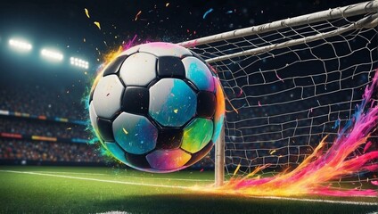 A striking soccer ball with vibrant neon trails in motion, depicting action and energy in sports