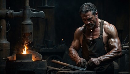 A strong blacksmith forging iron on an anvil in a dark, rustic workshop with a glowing forge, invoking power and craftmanship
