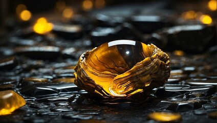 A captivating piece of amber glows warmly amidst a collection of similar fragments on a reflective black surface, suggestive of depth and history