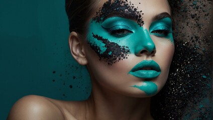 A dynamic image of a woman with her face half covered in exploding blue powder and bold makeup