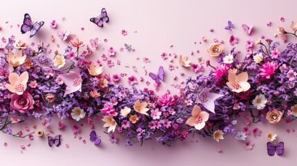   A pink backdrop adorned with a cluster of purple flowers and fluttering butterflies, featuring one butterfly soaring above the blossoms