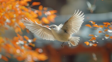   A white bird flies in the air with wide-spread wings