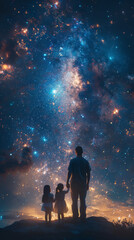 Obraz premium Spacebound Wishes: Parents and Child Gazing at the Cosmos 