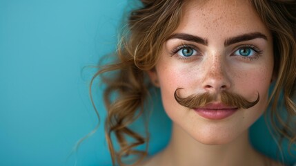 Woman Wearing Fake Moustache - obrazy, fototapety, plakaty