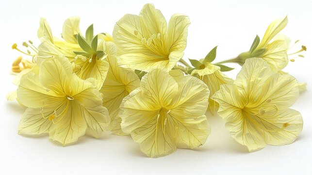   A group of yellow flowers arranged together on a white tabletop against a white background