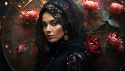 Fototapeta premium Elegant woman in a black hijab against an ornate floral backdrop with a mystical vibe