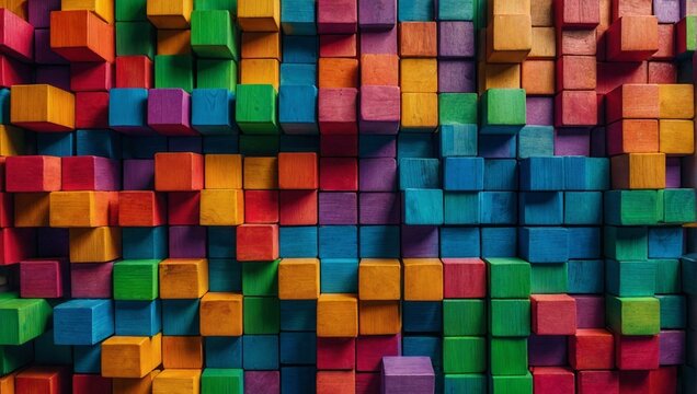 A vivid, full-frame image of multicolored wooden blocks neatly arranged, symbolizing organization and diversity