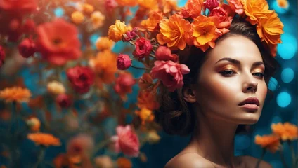 Poster Strikingly beautiful woman with a crown of autumn flowers and vibrant makeup © ArtistiKa