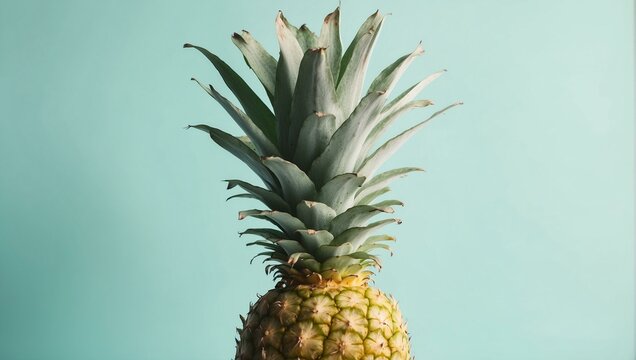 Vibrant image capturing a ripe pineapple with its textured skin and leafy crown against a solid teal background