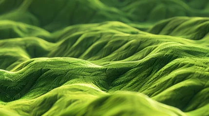 Fotobehang A detailed shot of a lush green natural blanket with a pattern resembling waves of a natural landscape. The design is reminiscent of algae or a grassy groundcover in a terrestrial plant habitat © AminaDesign