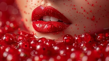   A close-up of a woman's rosy lips dotted with water droplets, surrounded by red berries