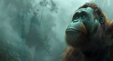 A curious orangutan gazing into the distance with a playful expression, set against a backdrop of misty rainforest, offering plenty of room for text overlay