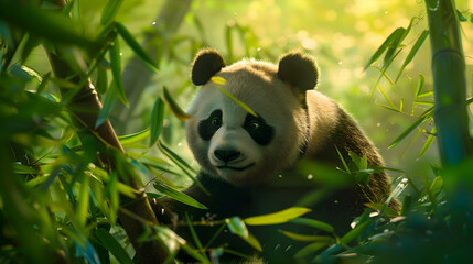 A curious panda exploring its bamboo-filled habitat, framed by a captivating blur of emerald hues,...